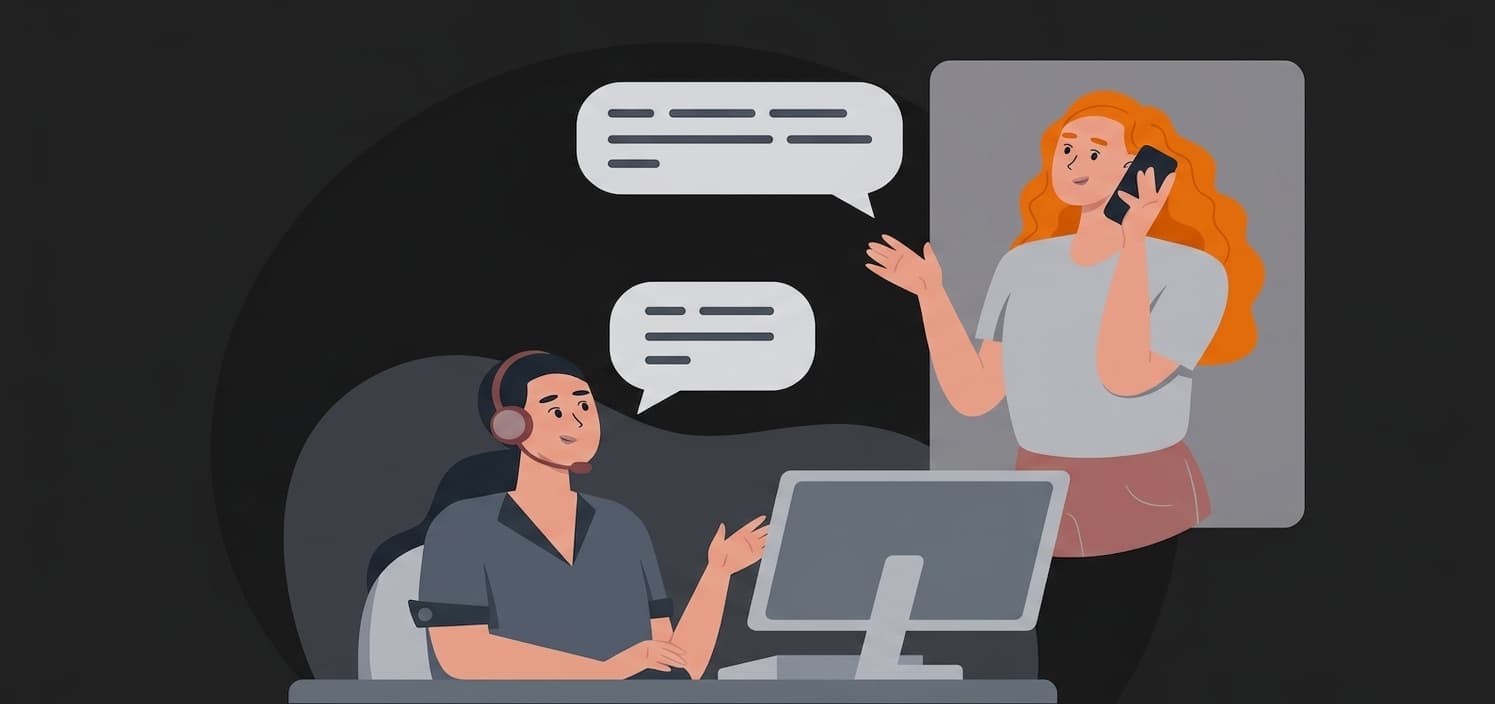 موظفة دعم فني تجلس أمام حاسوب وتتواصل مع عميلة تتحدث عبر هاتفها المحمول.